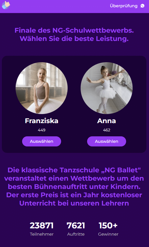 Die Fake-Webseite inszeniert einen angeblichen Schulwettbewerb und fordert zur Abstimmung für „Franziska“ oder „Anna“ auf | Screenshot/Mimikama