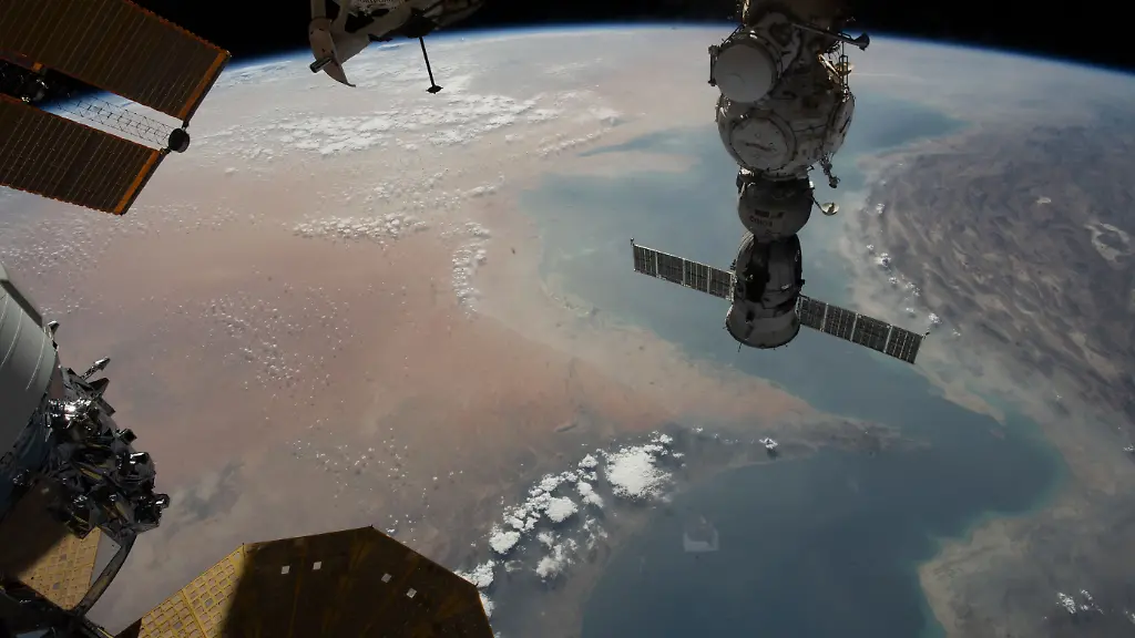 August-14-2023-Persian-Gulf-The-Strait-of-Hormuz-bottom-left-connects-the-Gulf-of-Oman-with-the-Persian-Gulf-in-this-photograph-from-the-International-Space-Station-as-it-orbited-262-miles-above-southwestern-Iran-In-the-right-foreground-is-the-Northrop-Grumman-Cygnus-space-freighter-and-one-of-its-cymbal-shaped-UltraFlex-solar-arrays-Credit-Image-NASA-Earth-ZUMA-Press-Wire-ZUMAPRESS