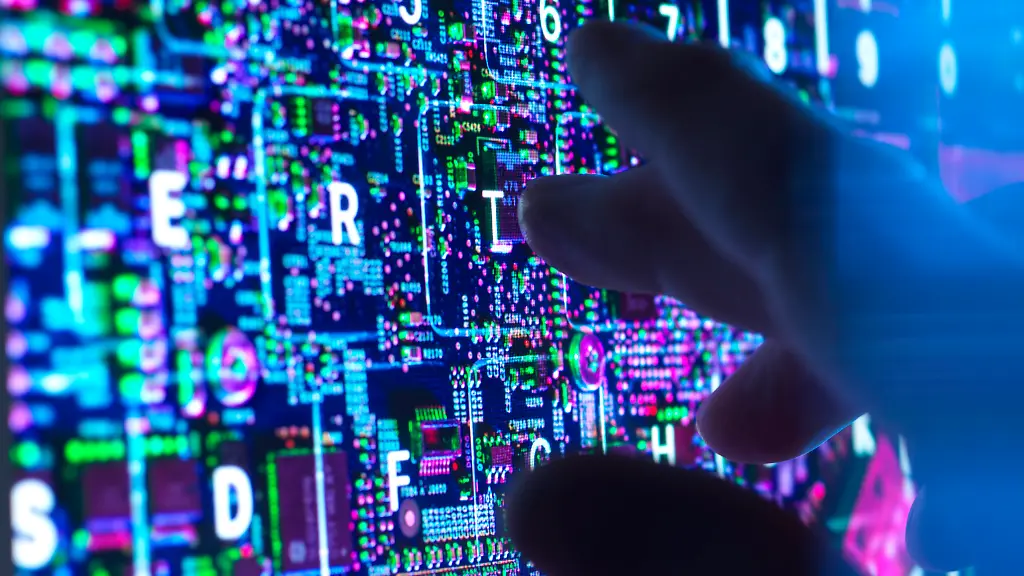 Hand-typing-at-futuristic-AI-keyboard-with-cybersecurity-interface-model-released-Symbolfoto-property-released-ABRF01337