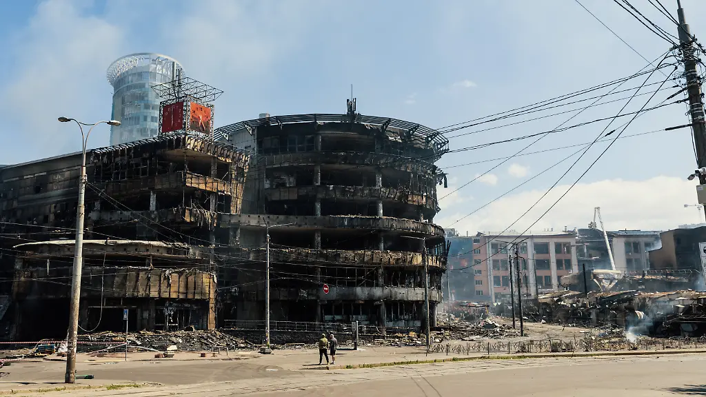 May-24-2026-Kyiv-Ukraine-The-heavily-damaged-Kvadrat-shopping-mall-is-seen-standing-in-ruins-near-Lukianivska-metro-station-in-Kyiv-following-a-massive-Russian-missile-strike-targeting-civilian-infrastructure-Russia-launched-a-massive-combined-strike-on-Kyiv-and-the-Kyiv-region-utilizing-ballistic-and-cruise-missiles-as-well-as-attack-drones-Explosions-were-reported-across-all-districts-of-Kyiv-Residential-buildings-schools-and-civilian-infrastructure-sustained-damage-The-air-raid-alert-lasted-for-several-hours-The-most-severe-destruction-was-recorded-in-the-Shevchenkivskyi-Podilskyi-and-Dniprovskyi-districts-Currently-two-fatalities-have-been-confirmed-and-44-people-have-been-injured-in-Kyiv-Additional-casualties-have-also-been-reported-across-the-Kyiv-region-Medical-teams-and-emergency-responders-continue-operations-at-the-scene-According-to-preliminary-data-Russia-deployed-attack-UAVs-and-several-types-of-missiles-including-ballistic-ones-Both-Russian-and-Ukrainian-monitoring-channels-also-reported-the-use-of-the-Oreshnik-missile-in-the-city-of-Bila-Tserkva-Kyiv-region