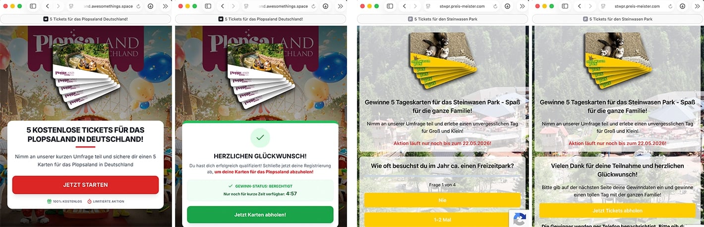 Screenshots der Fake-Gewinnspielseiten
