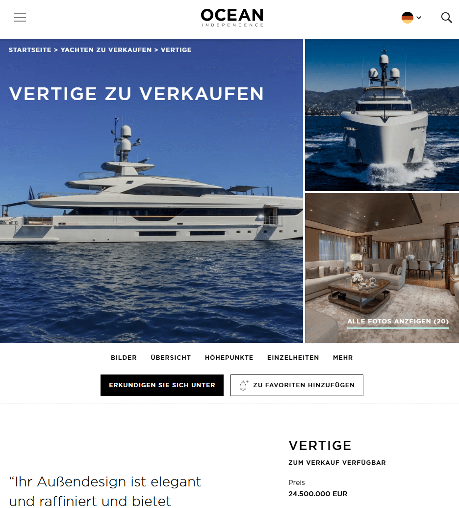 Screenshot: oceanindependence.com
Die Tankoa S501 „Vertige“ wird aktuell (Stand: 3. Mai 2026) zum Verkauf angeboten (24,5 Mio. Euro) – ein angeblicher Privatkauf ist nicht belegt.