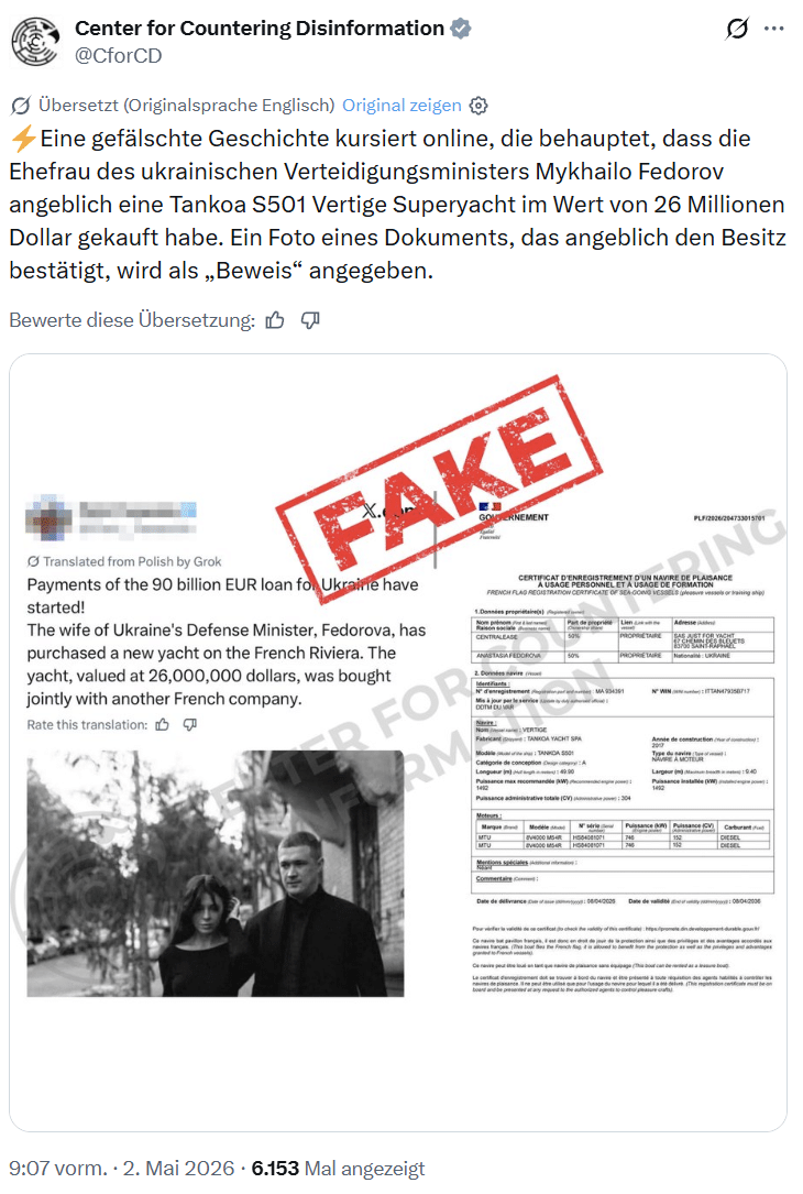 Screenshot: X/Center for Countering Disinformation
Die kursierende Geschichte über den angeblichen Yacht-Kauf wird als Falschmeldung eingeordnet – die gezeigten „Belege“ sind nicht verifizierbar.