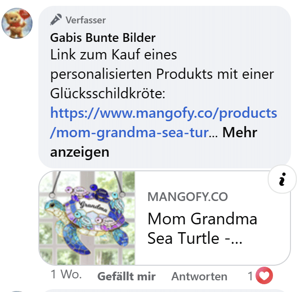 Beitrag auf „Gabis Bunte Bilder“ mit externem Link zu einem personalisierten Produkt: Nach Angaben der Betreiberin erschienen solche Shop-Verweise erst nach dem Verlust des Zugriffs auf die Seite.