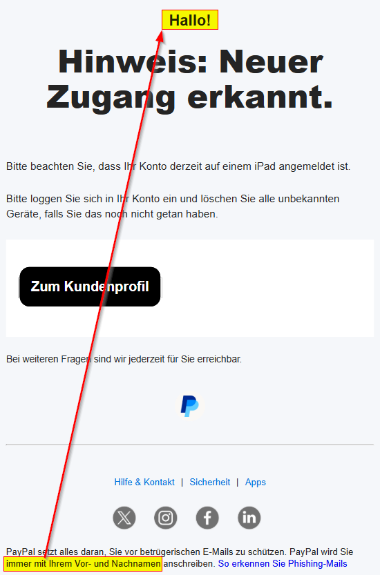 Ist die PayPal-Mail „Neuer Zugang erkannt“ echt?