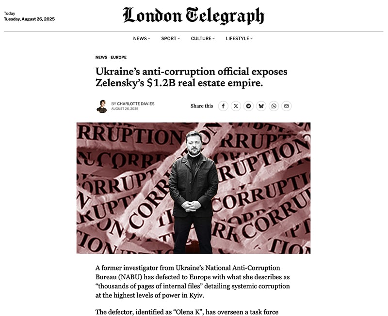 Artikel von "Charlotte Davies" über Selenskys Immobilien-Besitz | Screenshot London Telegraph (aktuell nicht mehr online)