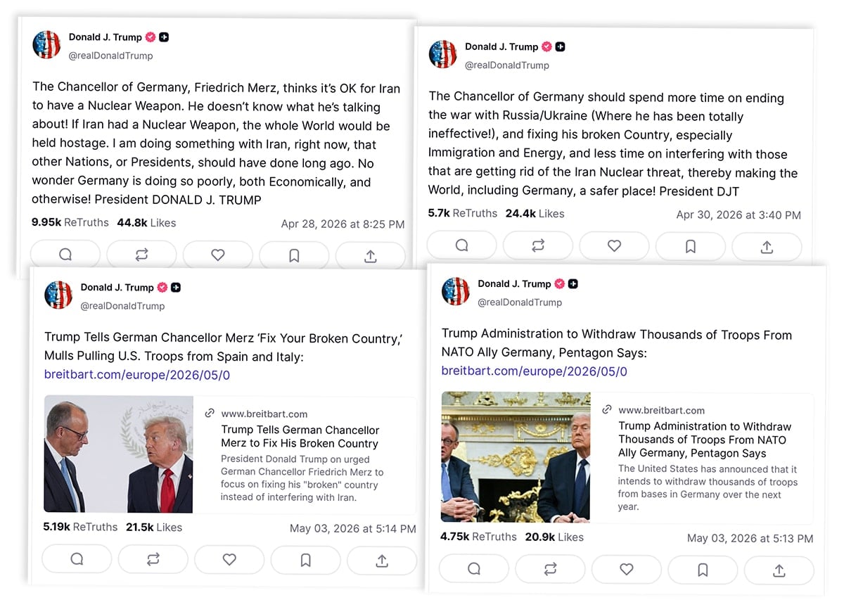 Die echten Truth-Social-Screenshots von Trumps Account zeigen das „Truth+ Premium“-Symbol und andere konsistente Plattformdetails. Der virale Fake übernimmt nur die grobe Optik.