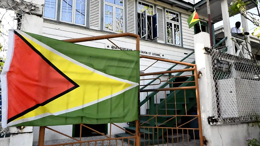 A-national-flag-of-Guyana-displayed-at-a-school-in-Georgetown-Guyana-on-Jan-5-2024-Venezuela-claims-about-70-of-Guyana-s-territory-as-its-own
