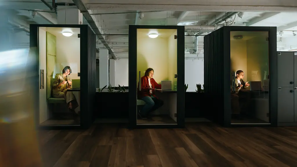 Team-working-on-laptops-in-modern-soundproof-office-cubicles-model-released-Symbolfoto-YTF04733
