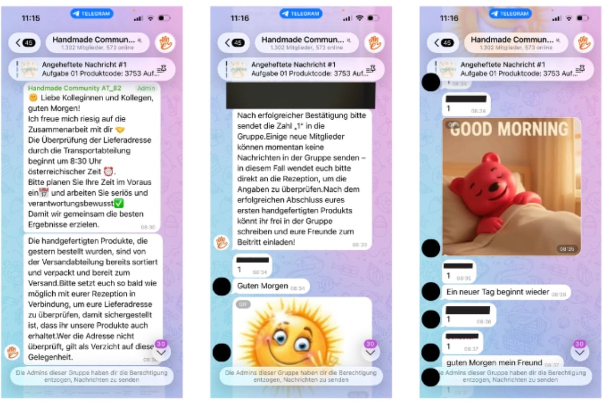 Telegram-Gruppe einer angeblichen Heimarbeits-Community mit Anweisungen, Bestätigungen und kurzen Begrüßungsnachrichten. | Screenshot: Watchlist Internet