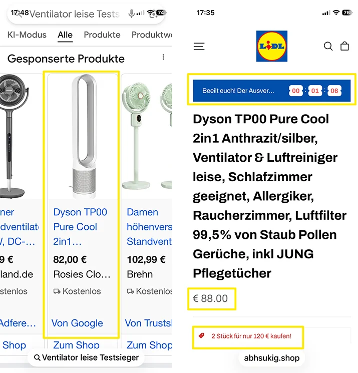 Google-Shopping-Anzeige und verlinkte Seite mit Lidl-Logo: Der angebliche Dyson-Ventilator führt auf die fremde Domain abhsukig.shop. Auffällig sind der niedrige Preis, der von der Anzeige abweicht, der Countdown und das Mengenangebot „2 Stück für nur 120 €“. | Hervorhebungen: Mimikama