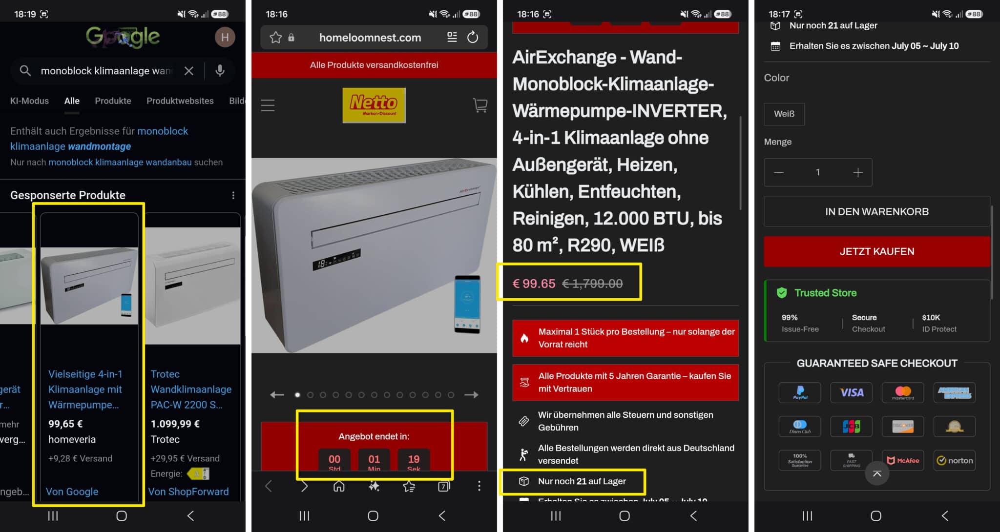 Screenshots der gemeldeten Google-Shopping-Anzeige und der verlinkten Website: Das Angebot nutzt ein Netto-Logo, führt aber auf eine fremde Domain. Auffällig sind der extreme Preisnachlass, Countdown-Druck, angebliche Lagerknappheit und Sicherheitslogos. | Hervorhebungen: Mimikama