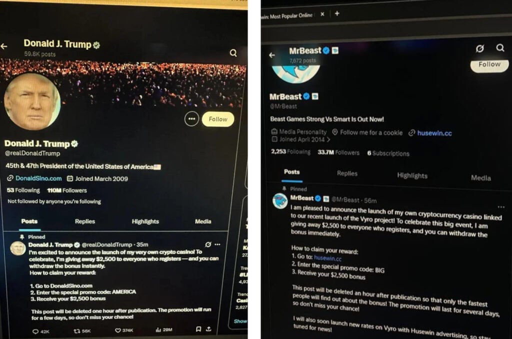 Ähnliche Motive kursierten auch mit angeblichen Posts von Donald Trump und MrBeast. Die Namen wechseln, das Versprechen bleibt gleich: 2.500 Dollar Bonus für ein angebliches Krypto-Casino.