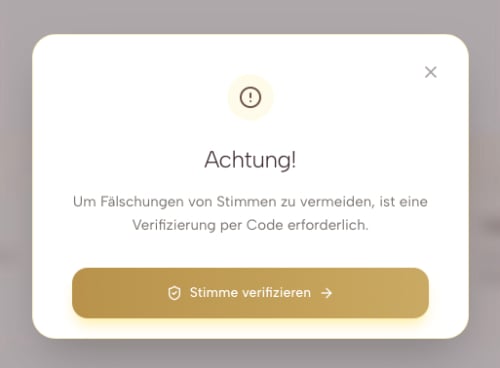 "Achtung! Um Fälschungen von Stimmen zu vermeiden, ist eine Verifizierung per Code erforderlich. Button: Stimme verifizieren" | Screenshot des Hinweises auf der gefälschten Voting-Seite