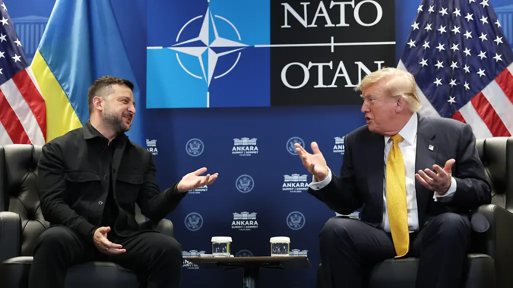 ANKARA-TURKEY-JULY-08-U-S-President-Donald-Trump-R-meets-with-Volodymyr-Zelenskyy-President-of-Ukraine-L-for-bilateral-talks-at-Bestepe-Presidential-Compound-during-the-NATO-Summit-on-July-08-2026-in-Ankara-Turkey-Leaders-from-NATO-s-32-countries-plus-NATO-allies-like-Ukraine-gathered-in-the-Turkish-capital-to-discuss-a-range-of-issues-involving-spending-targets-defense-industrial-production-and-support-for-Ukraine-among-other-topics