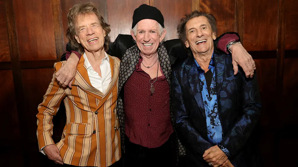 BROOKLYN-NEW-YORK-MAY-05-Mick-Jagger-Keith-Richards-and-Ronnie-Wood-pose-backstage-during-the-exclusive-launch-event-of-The-Rolling-Stones-new-album-Foreign-Tongues-at-Weylin-on-May-5-2026-in-Brooklyn-NY