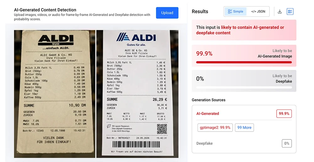 Die Grafik mit den beiden ALDI-Bons wird von Hive Moderation zu 99,9 % als KI-generiert erkannt.