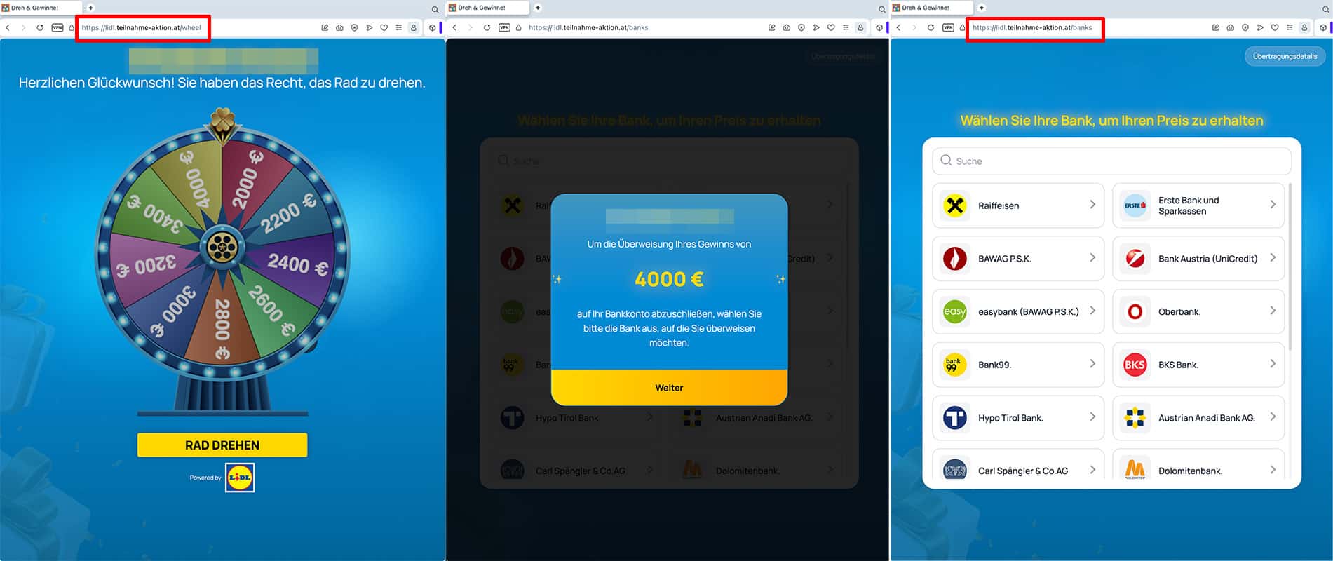 Ein kurzer Dreh am Glücksrad und schon sollen angeblich mehrere tausend Euro auf das eigene Konto eingezahlt werden. | Screenshots des angeblichen Gewinnspiels