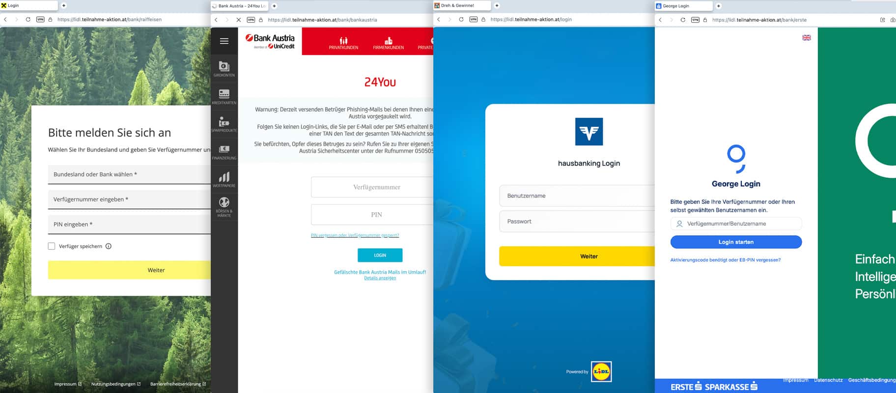 Raiffeisen-, Bank Austria-, Volksbank-, George-Logins als Beispiel | Screenshots der gefälschten Seiten, die Bankdaten abfragen