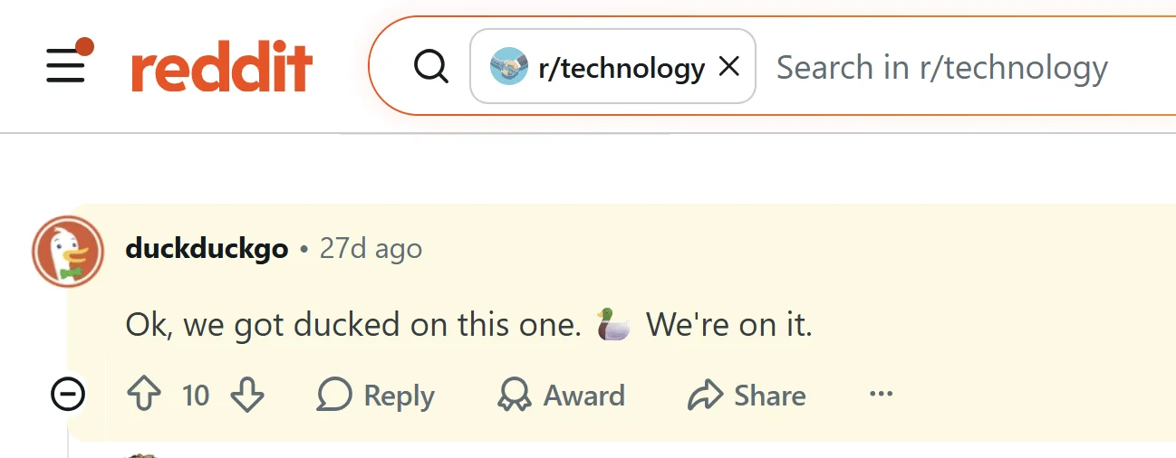 DuckDuckGo räumt den Fehler auf Reddit ein