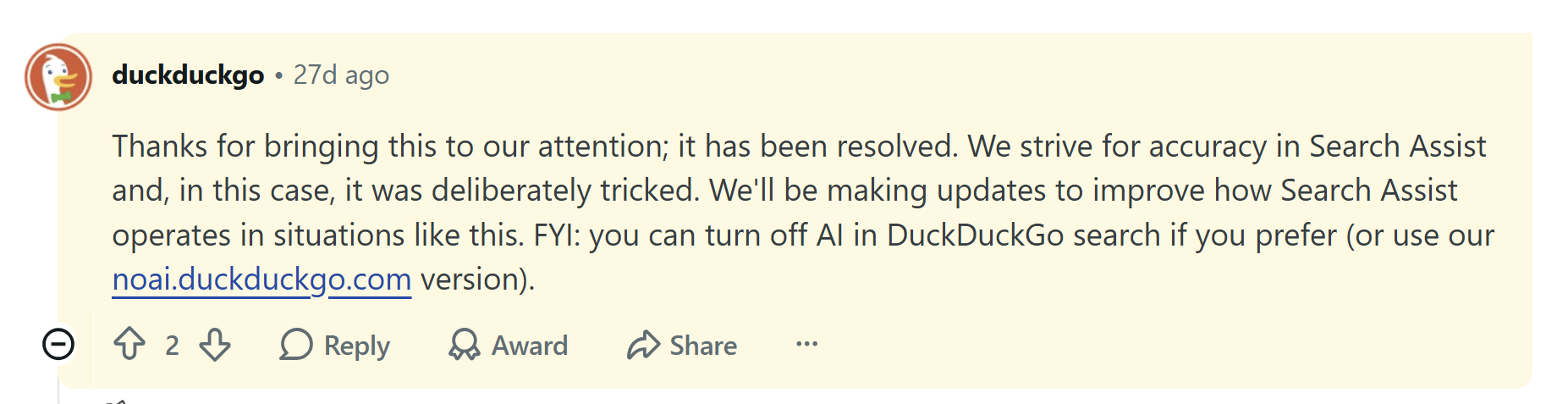 DuckDuckGo erklärt, die fehlerhafte KI-Antwort sei behoben worden