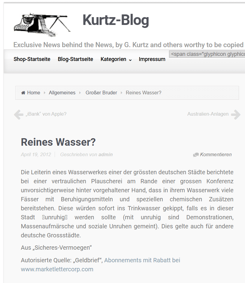 Archivierter Kurtz-Blog-Beitrag Reines Wasser vom 19. April 2012