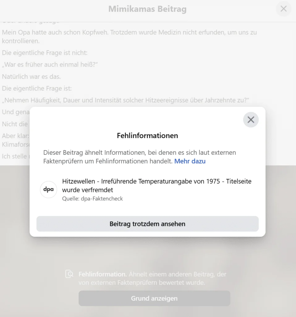 Facebook markiert Mimikama-Beitrag als Fehlinformation – obwohl er genau diese Fehlinformation einordnet