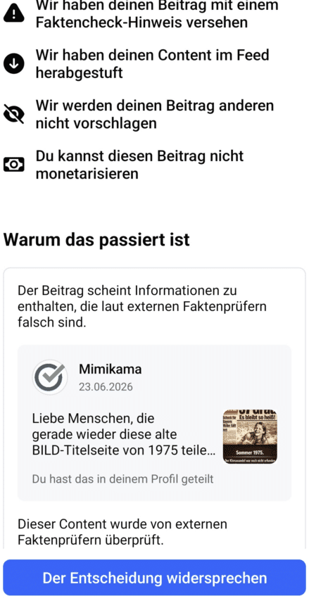 Facebook markiert Mimikama-Beitrag als Fehlinformation – obwohl er genau diese Fehlinformation einordnet