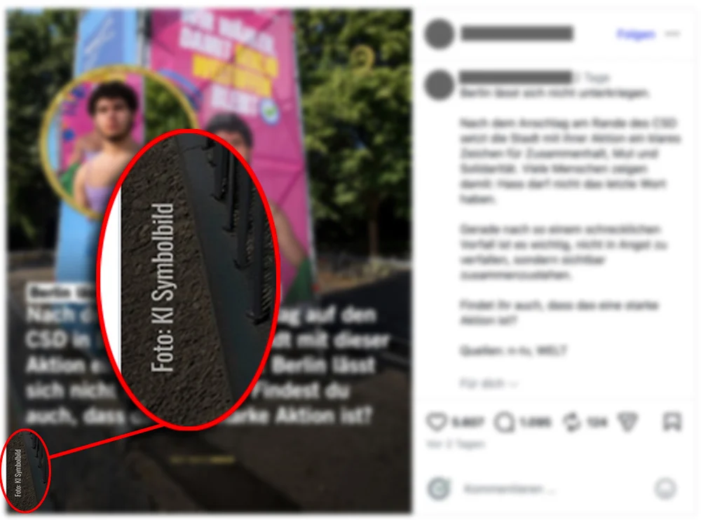 Im Instagram-Beitrag findet sich links unten der schwer erkennbare Hinweis „Foto: KI Symbolbild“. | Screenshot und Hervorhebung: Mimikama