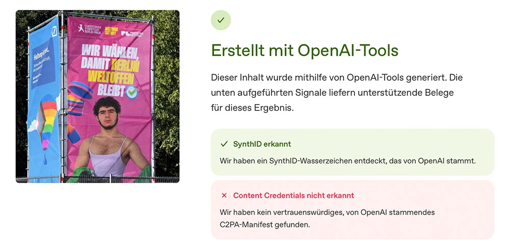 Das OpenAI-Prüftool erkannte bei der manipulierten Aufnahme ein SynthID-Signal und bewertete den Inhalt als „Erstellt mit OpenAI-Tools“. | Screenshot: Mimikama