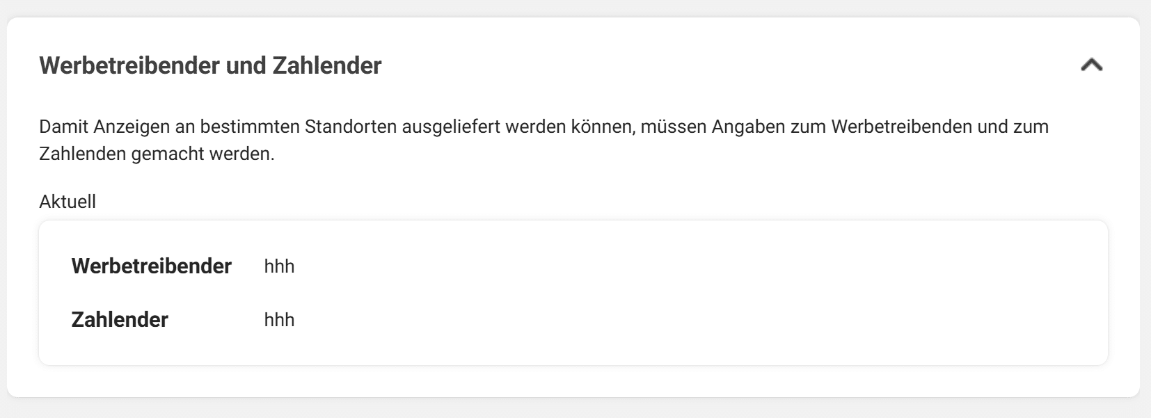 Meta-Werbebibliothek, Abschnitt Werbetreibender und Zahlender. Bei beiden Feldern steht hhh.