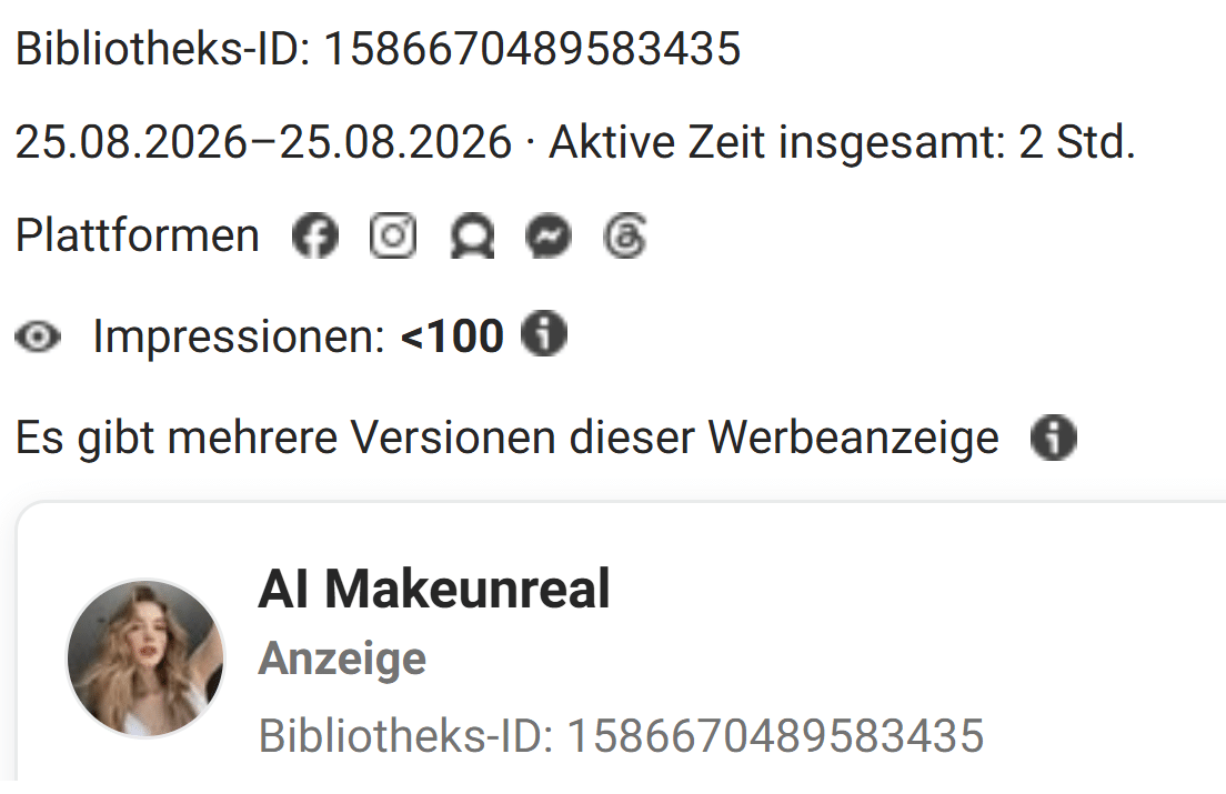 Eintrag in der Werbebibliothek mit Bibliotheks-ID, Laufzeit von zwei Stunden, fünf Plattformsymbolen und dem Hinweis auf mehrere Versionen.