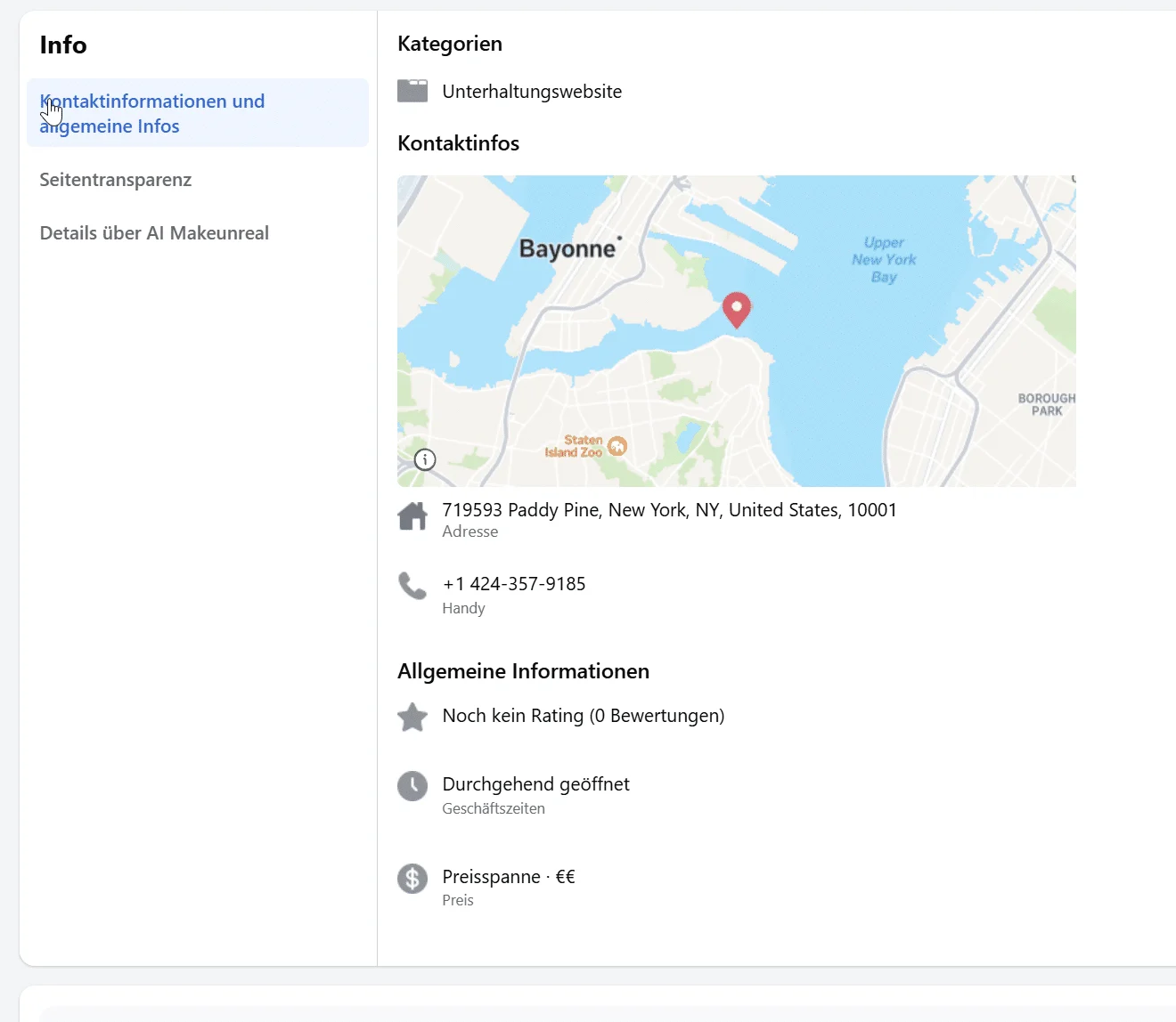 Facebook-Kontaktinfos einer der Seiten mit einer ungewöhnlich aufgebauten New Yorker Adresse, einer Karte, die auf Bayonne in New Jersey zeigt, und einer Telefonnummer mit Vorwahl 424.