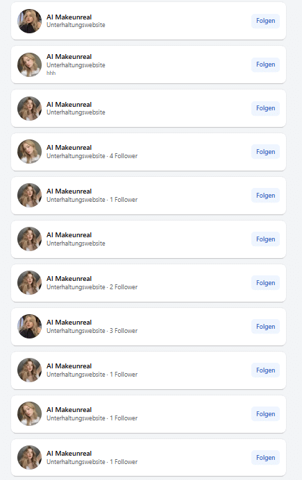 Facebook-Suchergebnisse: elf nahezu identische Seiten mit dem Namen AI Makeunreal, alle in der Kategorie Unterhaltungswebsite und mit null bis vier Followern.