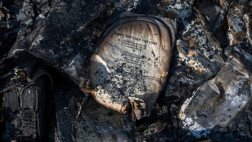 Burned-books-are-seen-following-a-fire-at-Ukraine-s-largest-book-market-caused-by-a-Russian-ballistic-missile-attack-on-Kyiv-overnight-on-August-16-2026-Kyiv-Ukraine-on-August-17-2026