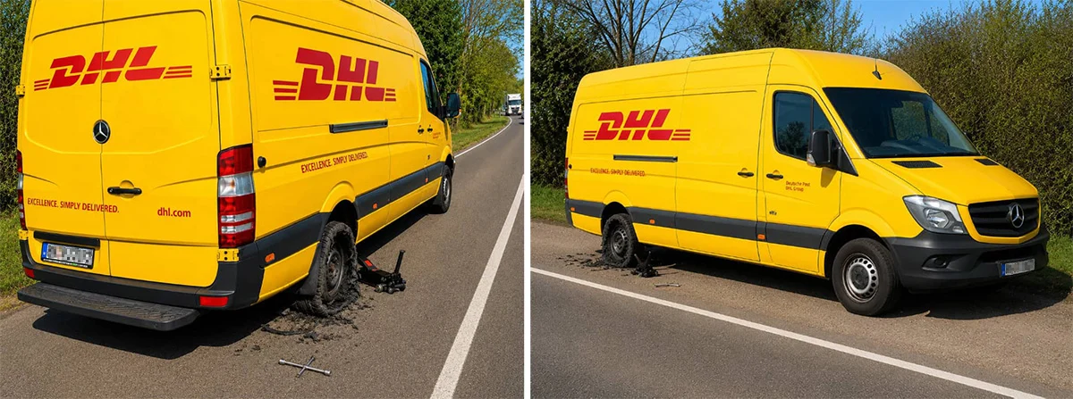 Die angebliche DHL-Panne soll erklären, warum das Geld nicht ankommt. Die Fotos liefern dafür keinen belastbaren Nachweis, sondern sind Teil der erfundenen Liefergeschichte. Bei genauerem Blick fallen Unstimmigkeiten bei der Fahrzeugbeschriftung auf.