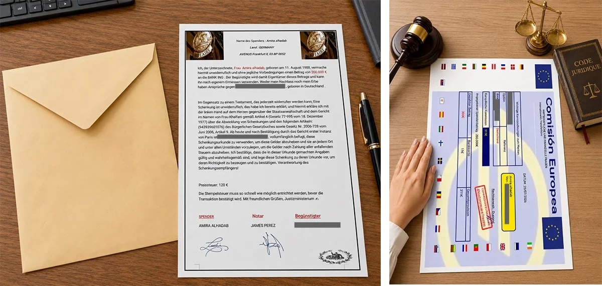 Die angeblichen Schenkungs- und Kommissionsdokumente sollen Seriosität vortäuschen. Sie belegen keine echte Auszahlung, sondern dienen als Druckmittel für weitere Gebühren wie eine angebliche Stempelsteuer.