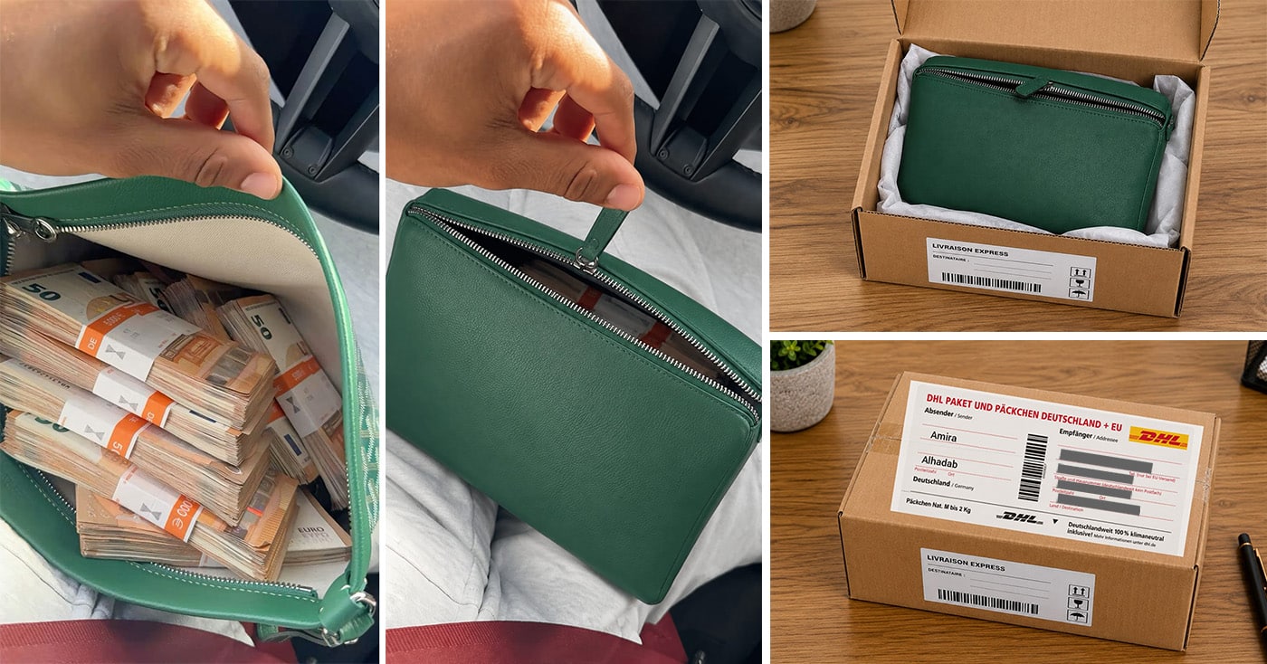 Die Bilder sollen belegen, dass das angebliche Geld bereits verpackt und per DHL unterwegs sei. Doch der Paketschein wurde nachträglich eingefügt: Perspektive und Schriftbild passen nicht stimmig zur Oberfläche des Kartons.