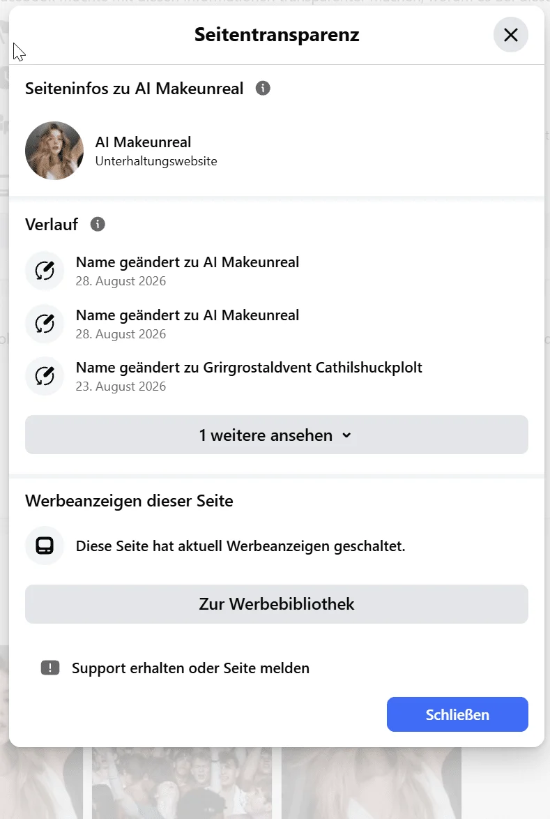 Facebook-Seitentransparenz mit Namensverlauf: Umbenennung am 23. August, Rückbenennung am 28. August.