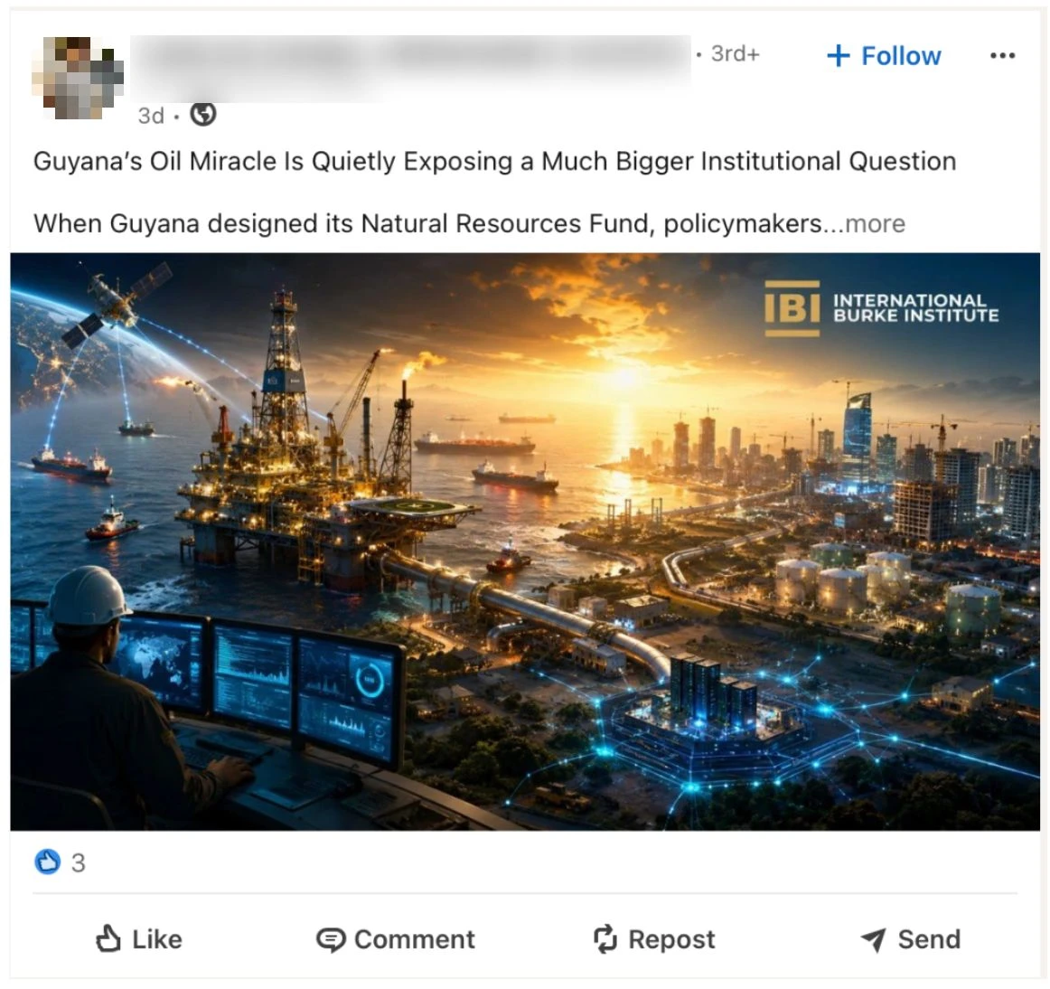 LinkedIn-Beitrag der Einflussoperation mit Werbung für das International Burke Institute