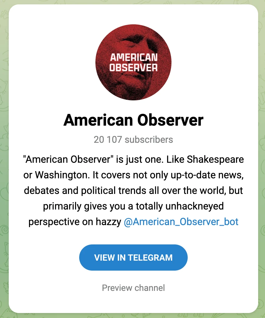 Telegram-Profil des Kanals American Observer mit mehr als 20.000 Abonnenten und ungewöhnlicher englischer Profilbeschreibung