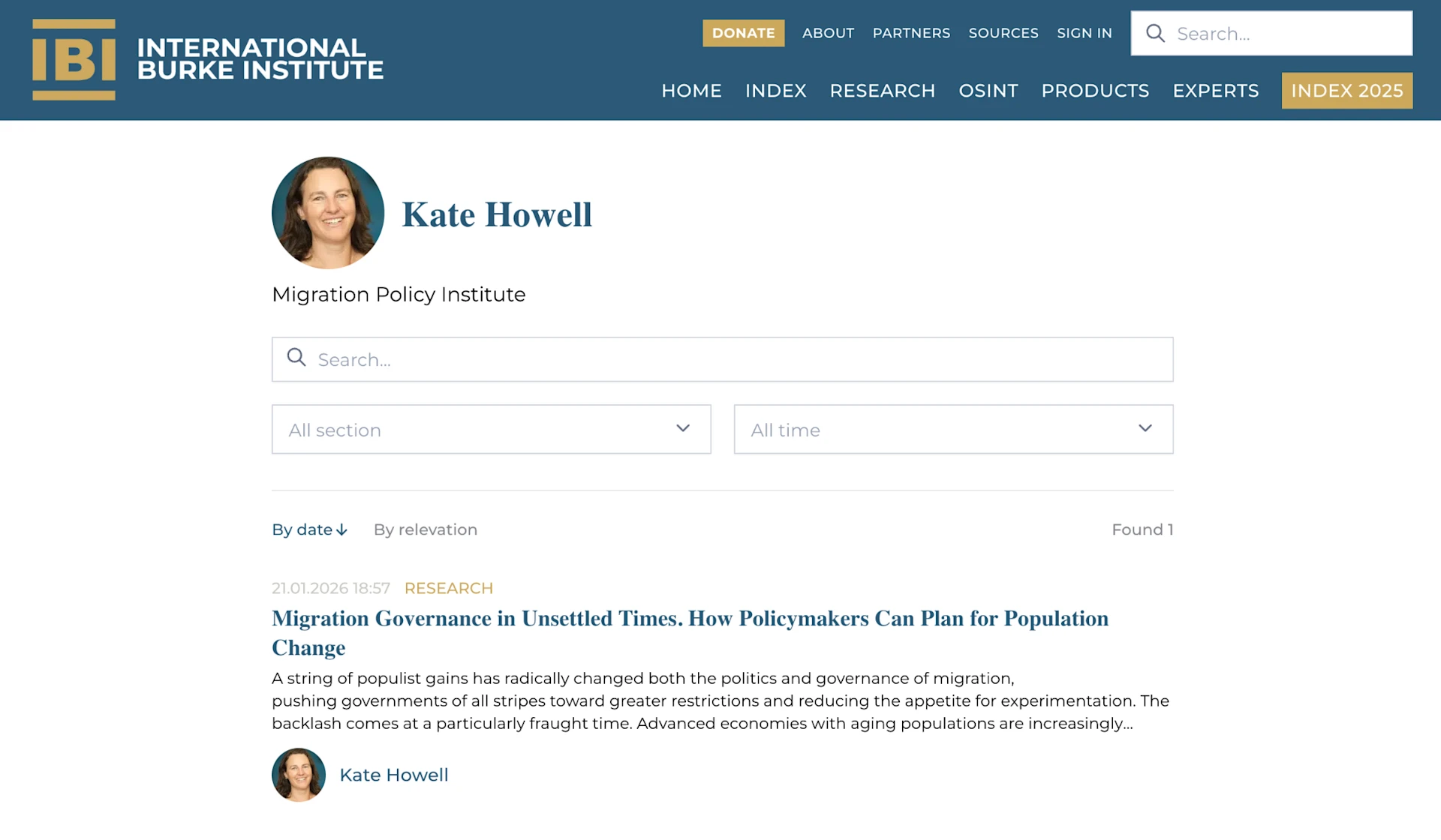 Kate Howell wird auf der Website des International Burke Institute als Expertin des Migration Policy Institute dargestellt