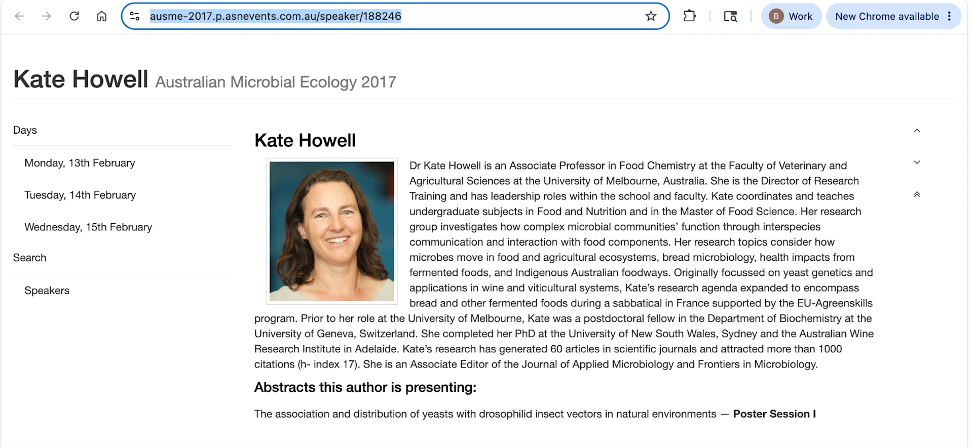 Profil von Kate Howell als Lebensmittelwissenschaftlerin der Universität Melbourne mit demselben Foto, das auf der IBI-Seite verwendet wurde