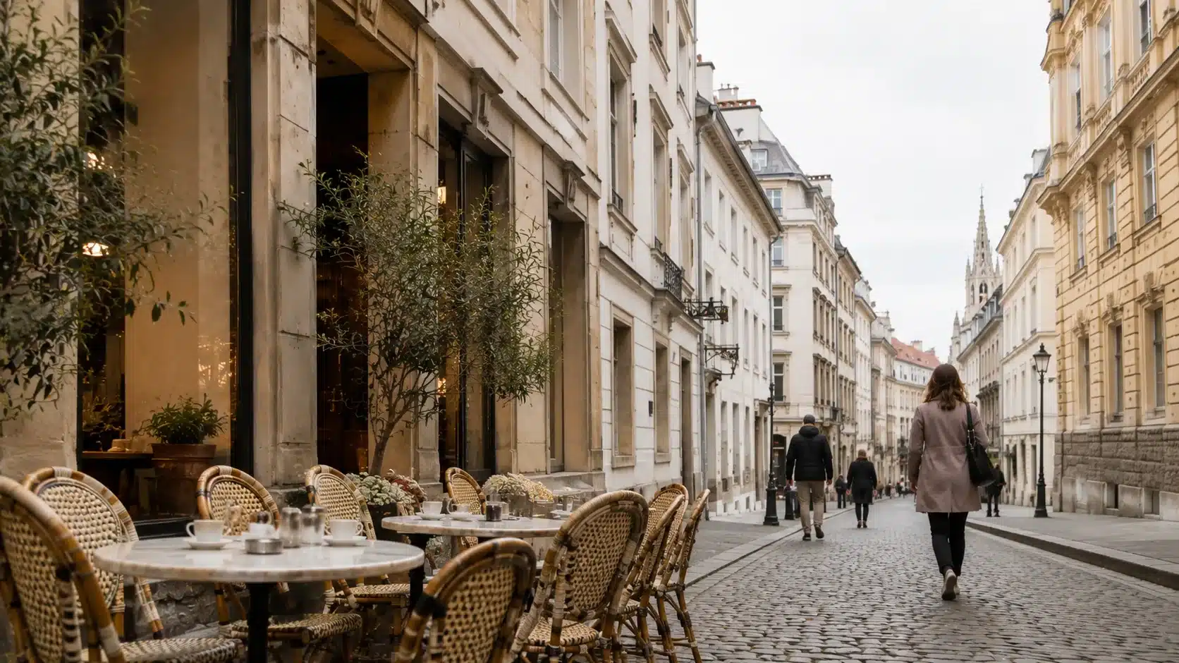 KI-generierte Darstellung eines Straßencafés in einer Altstadtgasse. Keine authentische Aufnahme.