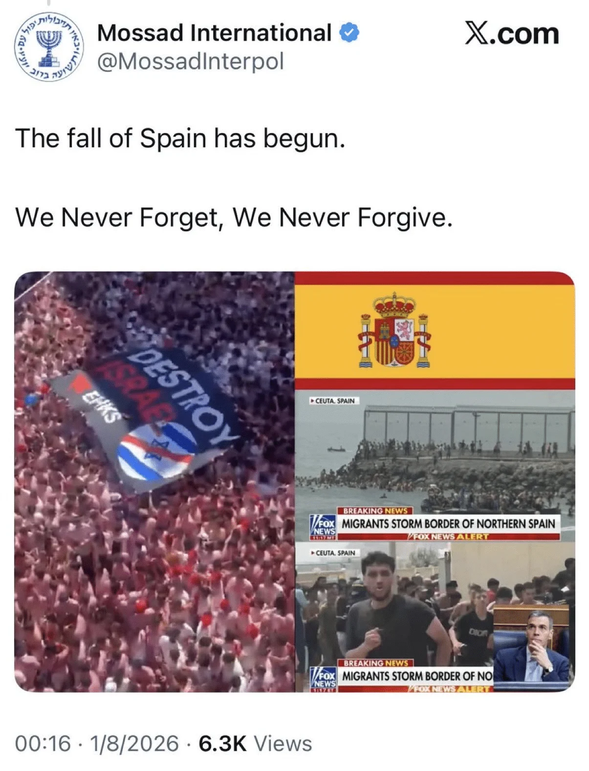 Screenshot eines X-Beitrags des Accounts „Mossad International“ mit Bildern aus Ceuta und dem Satz über den beginnenden Fall Spaniens.