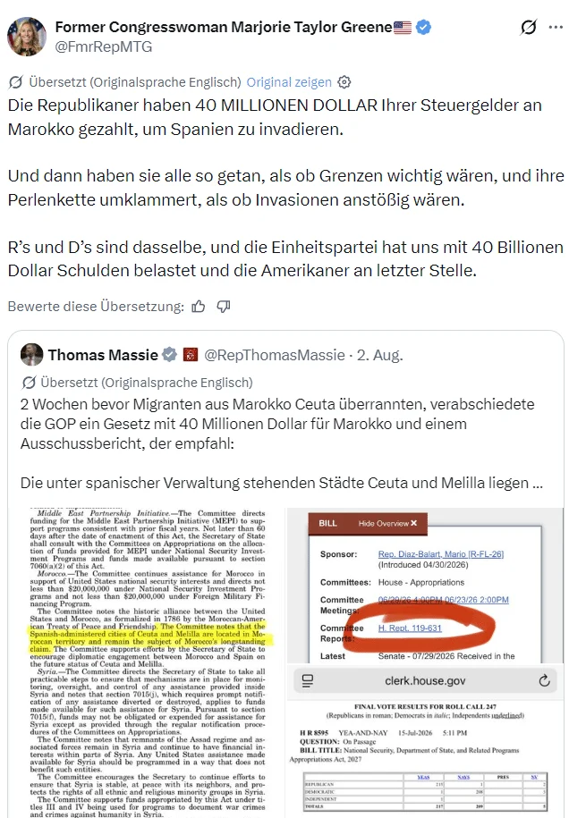 Screenshot eines X-Beitrags mit der Behauptung, die Republikaner hätten Marokko 40 Millionen Dollar gegeben, um Spanien zu überfallen.