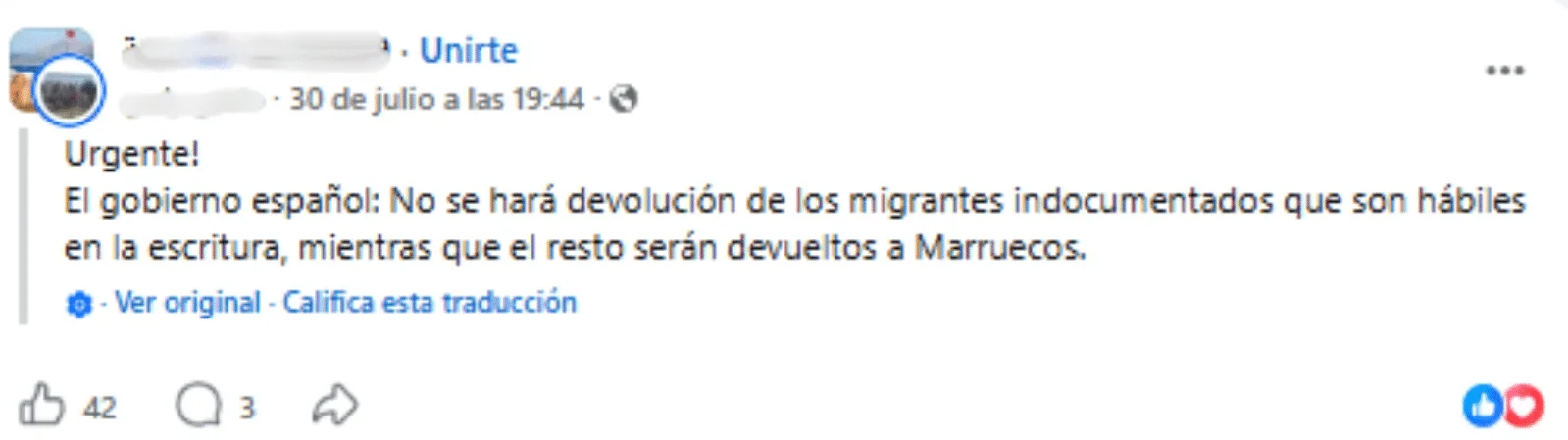 Screenshot eines Facebook-Beitrags mit der Behauptung, Spanien schicke Menschen mit handwerklichen Fähigkeiten nicht nach Marokko zurück.