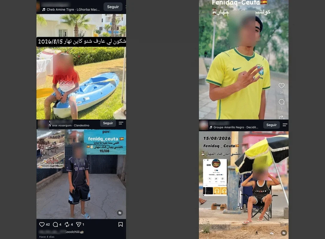Screenshots mehrerer Instagram-Profile, die für den 15. August einen Grenzübertritt ankündigen und Fnideq oder Ceuta nennen.