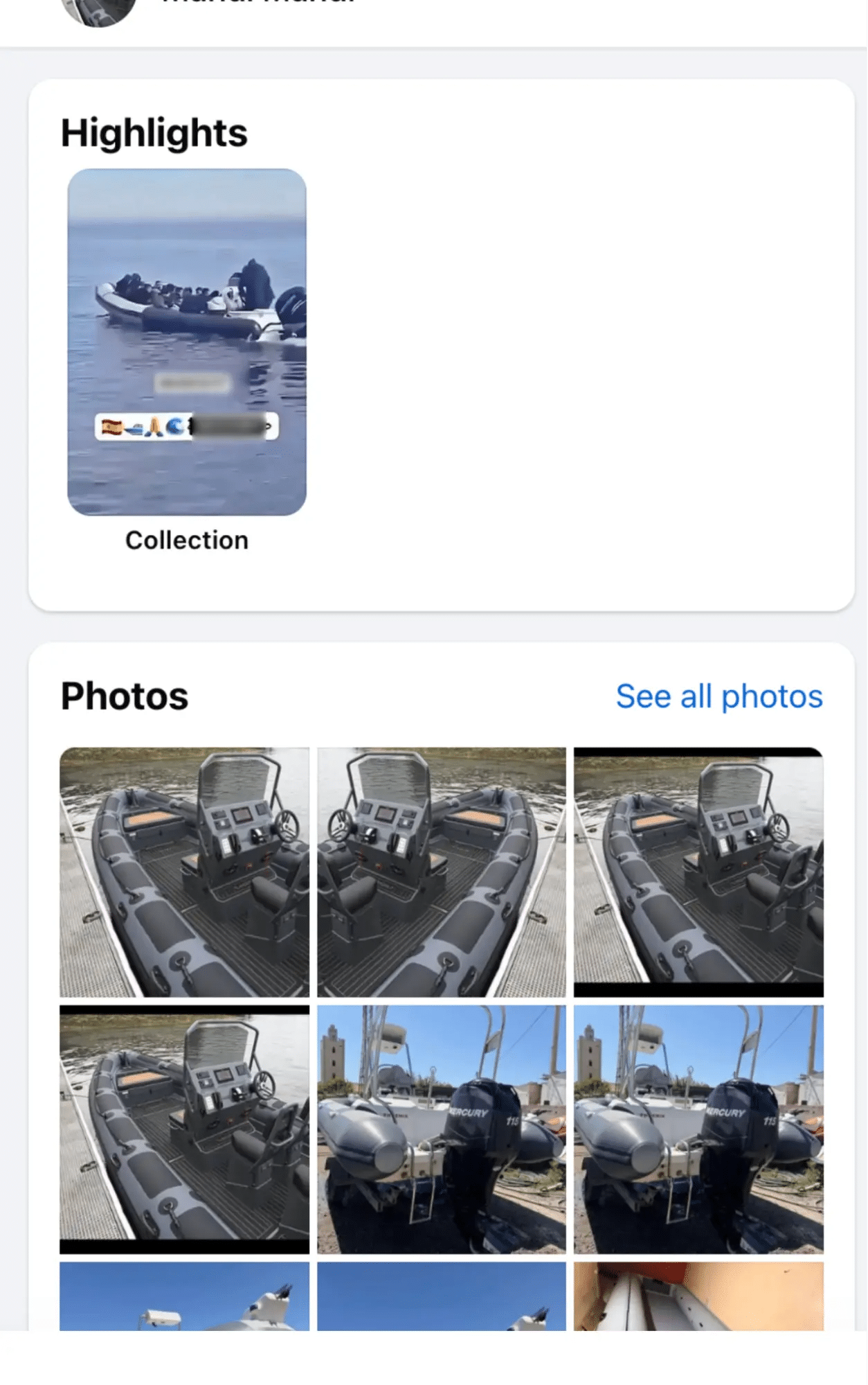 Screenshot eines Facebook-Profils, auf dem Schlauchboote und Außenbordmotoren beworben werden; persönliche Angaben sind unkenntlich gemacht.
