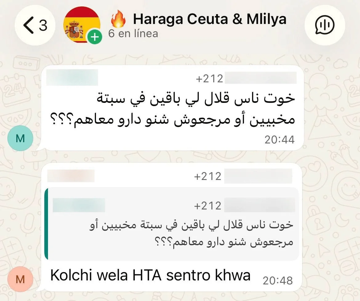 Screenshot einer WhatsApp-Gruppe mit Fragen nach Menschen, die angeblich noch in Ceuta waren.